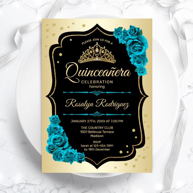 Gold Black Teal Elegant Quinceanera Invitation (Creator Uploaded)