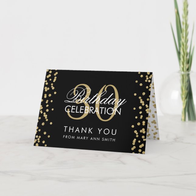 Gold Black Thank you 30th Birthday Confetti Card (Front)