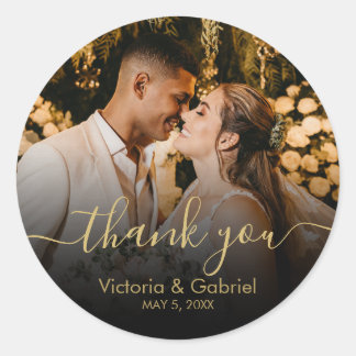 Gold Black Thank You Script Wedding Photo Classic Round Sticker