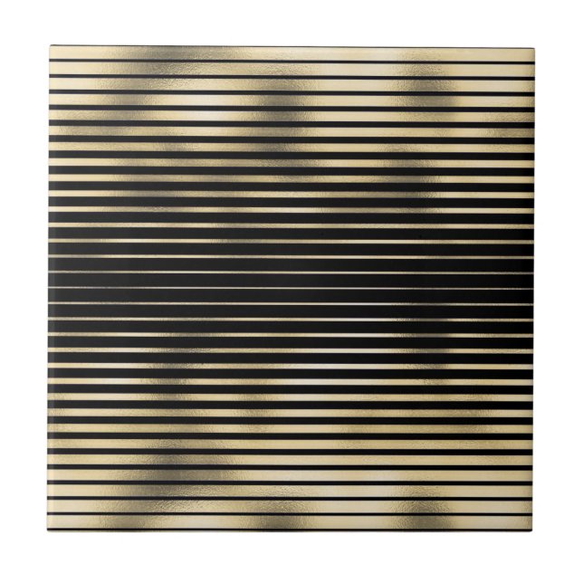Gold black thinly striped metallic foil pattern ceramic tile (Front)