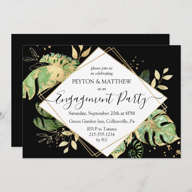 Gold & Black Tropical Foliage Engagement Party Inv Invitation (Front/Back)