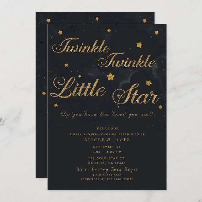 Gold Black Twinkle Stars Night Sky Baby Shower Invitation (Front/Back)