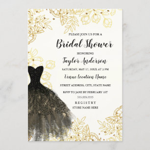 Gold Black Vintage Floral Dress Bridal Shower Invitation