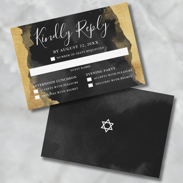 Gold Black Watercolor Mitzvah Invitation RSVP Card (Gold Watercolor Bar Bat Mitzvah Reply RSVP Card)