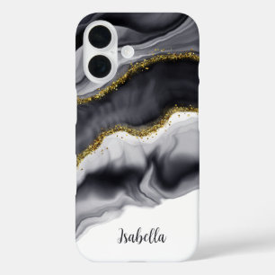 Gold Black Watercolor Personalize iPhone 16 Case