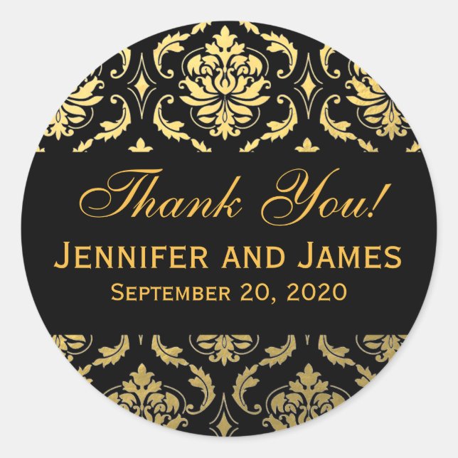 Gold Black Wedding Damask Thank You Label (Front)