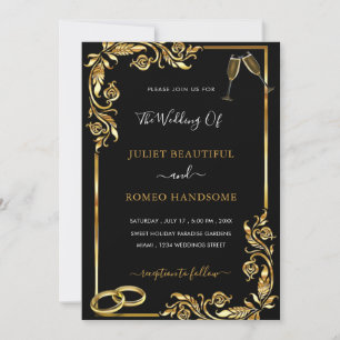 Gold Black Wedding Invitation - Rings & Champagne