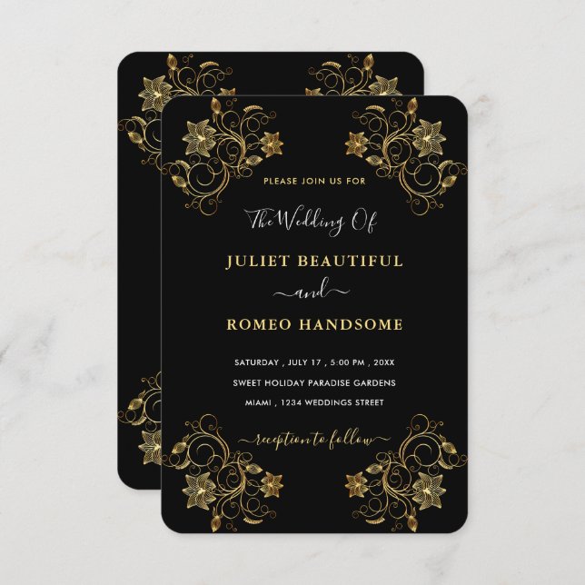 Gold Black Wedding Invitation with Flowers Framed (Front/Back)