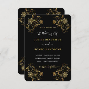 Gold Black Wedding Invitation with Flowers Framed