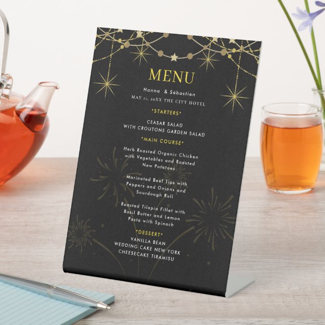 Gold Black Wedding Menu Pedestal Sign (In SItu)
