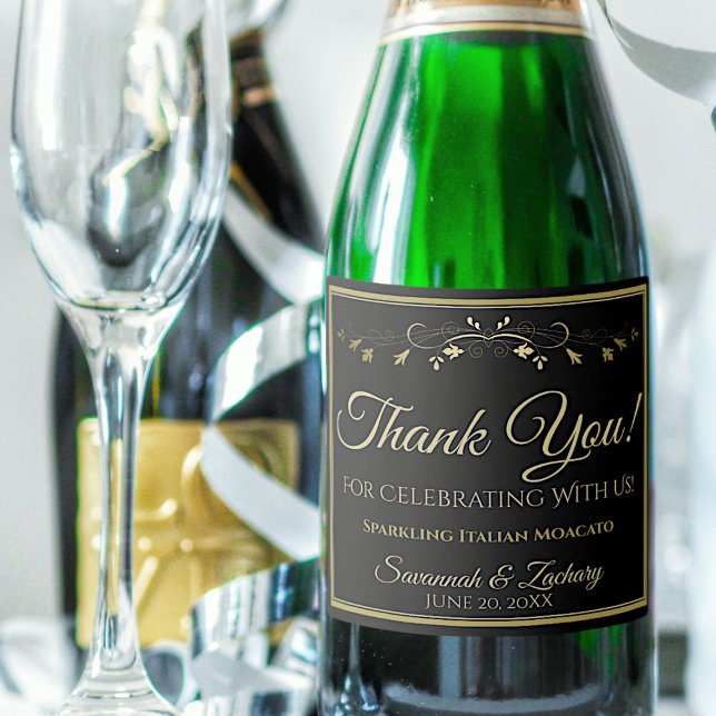 Gold Black Wedding Thank You Sparkling Wine Bottle Sparkling Wine Label (Creator Uploaded)