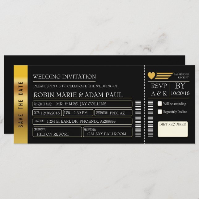 Gold & Black Wedding Ticket Invitation (Front/Back)