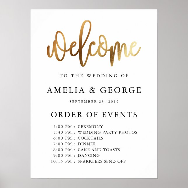 Gold black welcome order of events wedding sign (Front)
