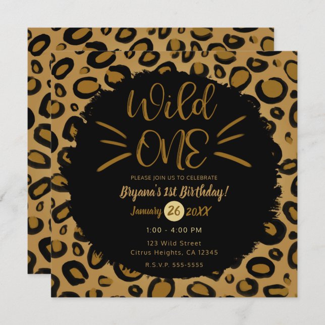 Gold & Black Whiskers WILD ONE 1st Birthday Party Invitation (Front/Back)