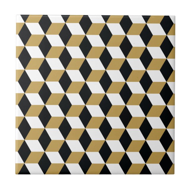 Gold Black & White 3D Cubes Pattern Tile (Front)