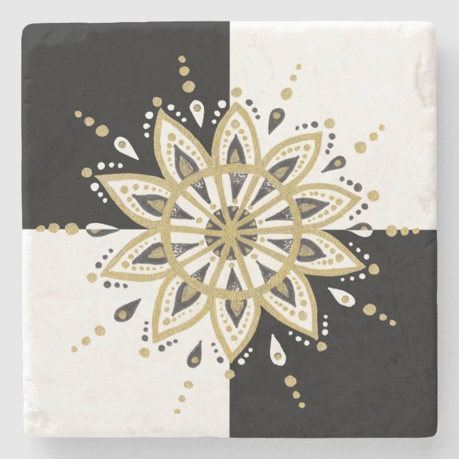 Gold Black & White Circle Mandala Stone Coaster (Front)