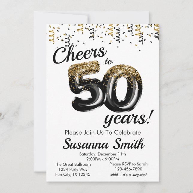 Gold Black White Classy 50th Birthday Party Invitation (Front)