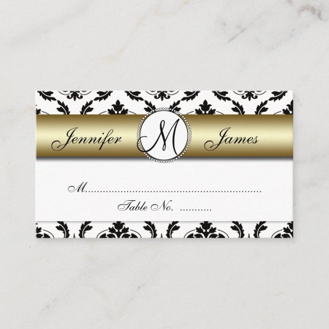 Gold, Black, White Damask Wedding Place Card (Front)