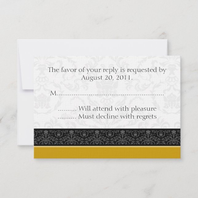 Gold Black & White Damask Wedding RSVP Reply Cards (Front)
