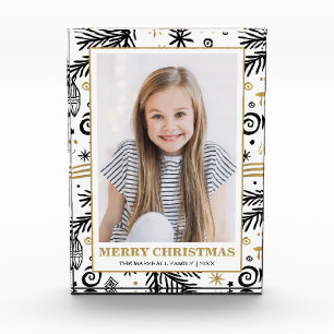 Gold black white doodle pine  holiday photo block