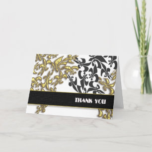 Gold Black White Fleur de Lis Damask Thank You Card