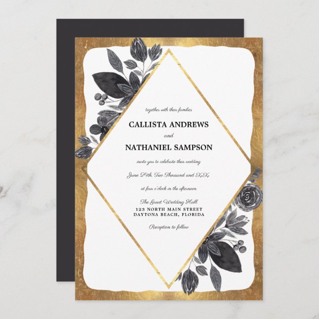 Gold Black White Floral Diamond Border Wedding Invitation (Front/Back)