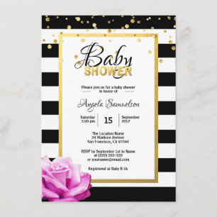 Gold Black White Floral Pink Rose Baby Shower Invitation