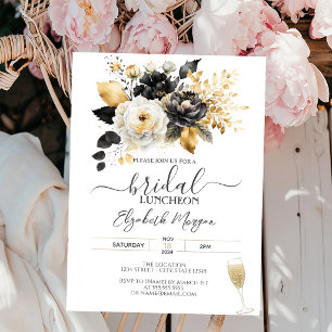 Gold Black White Flowers Bridal Luncheon Invitation