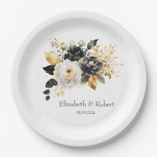 Gold Black White Flowers Paper Plate