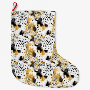 Gold Black White Leopards Large Christmas Stocking