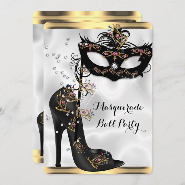 Gold Black White Masquerade Ball Party Mask Jewel Invitation (Front/Back)
