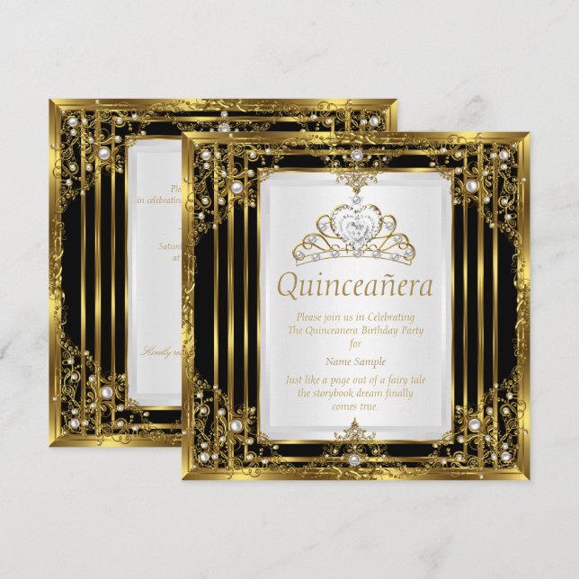Gold Black White Pearl Princess Quinceanera Invitation (Front/Back)