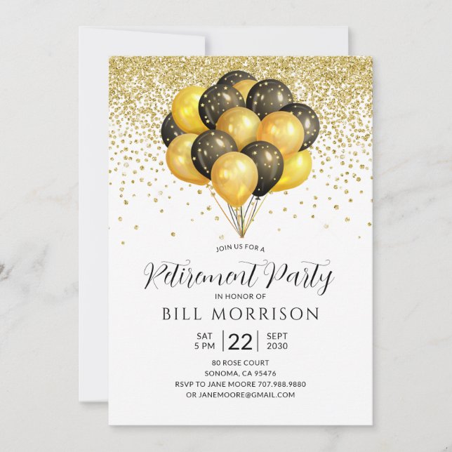 Gold Black White Retirement Invitation Postcard (Front)