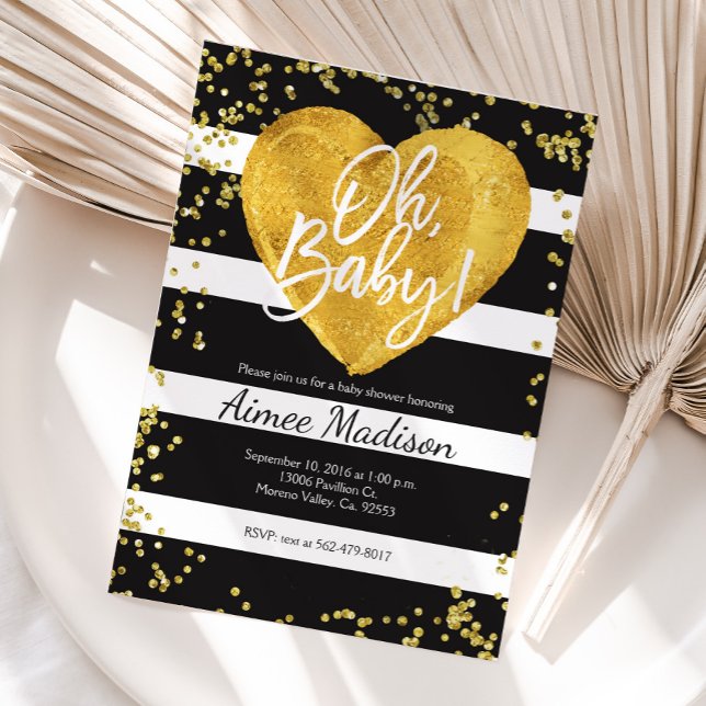 Gold black white striped baby shower invitation (Creator Uploaded)