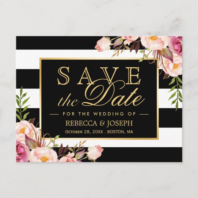 Gold Black White Stripes Floral Save the Date Postcard (Front)
