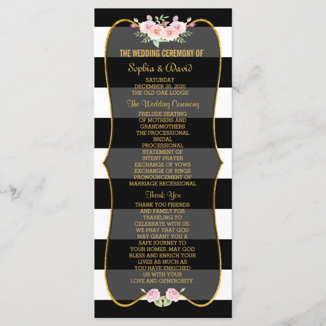 Gold Black White Stripes Flowers Wedding Program (Front)