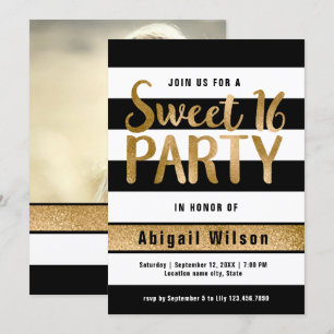 Gold black white sweet sixteen birthday party invitation