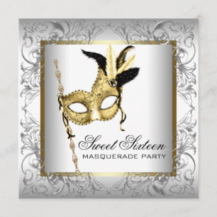 Gold Black White Sweet Sixteen Masquerade Party Invitation
