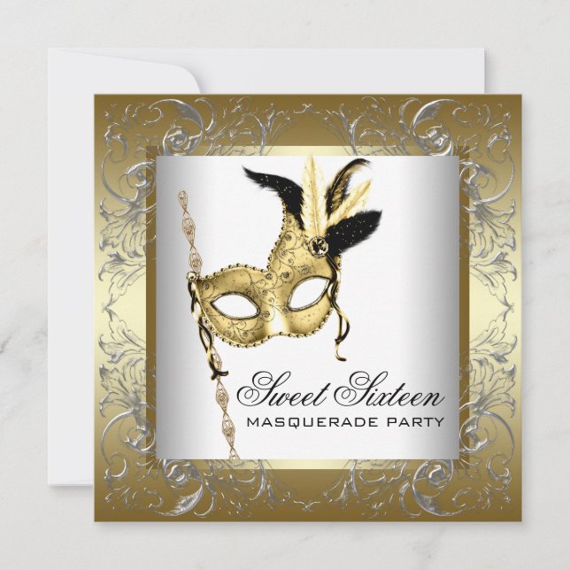 Gold Black White Sweet Sixteen Masquerade Party Invitation (Front)