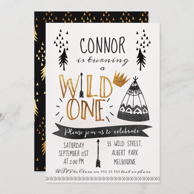 Gold Black Wild One Boys 1st Birthday Invitation (Front/Back)