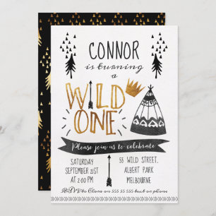 Gold Black Wild One Boys 1st Birthday Invitation