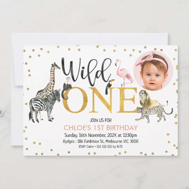 Gold Black Wild One Safari Animals Birthday Photo Invitation (Front)