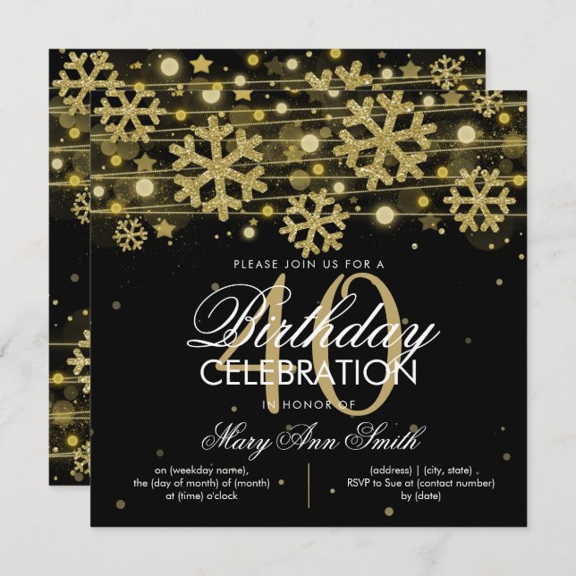 Gold Black Winter Glitter Glam 40th Birthday Invitation (Front/Back)