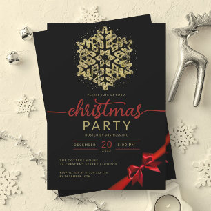 Gold Black Winter Glitter Snowflake Company Xmas  Invitation
