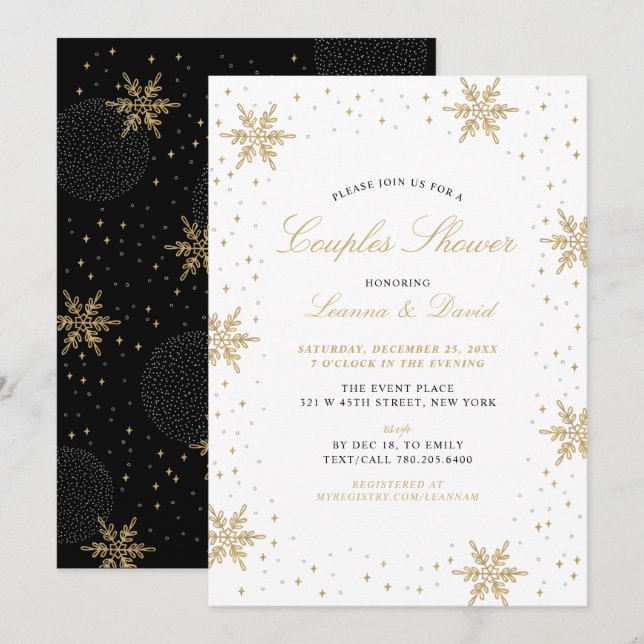 Gold & Black Winter Snow Couples Wedding Shower Invitation (Front/Back)