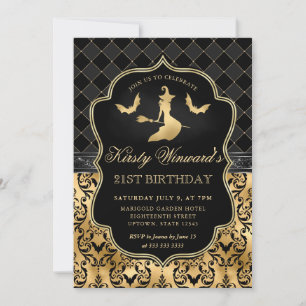 Gold Black Witch and Bat Halloween 21st Birthday Invitation