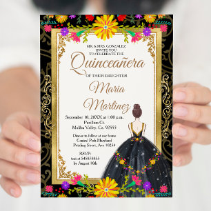 Gold Black with Mexican flowers Quinceañera  Invitation