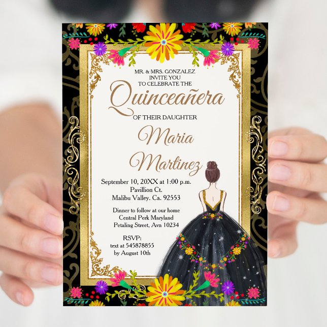 Gold Black with Mexican flowers Quinceañera  Invitation (Creator Uploaded)