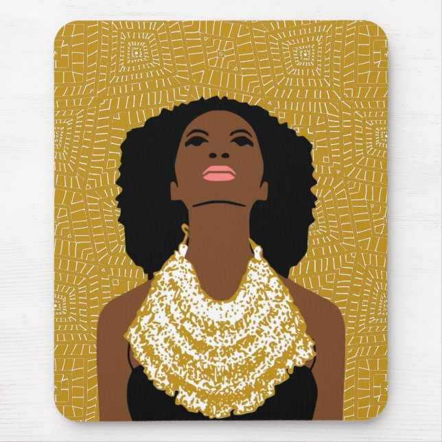 gold Black Woman Looking Up | Tribal Necklace Mouse Pad (Front)