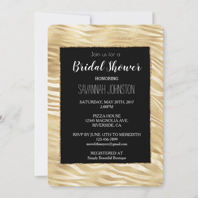 Gold Black Zebra Print bridal shower    Invitation (Front)